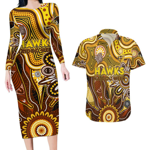 Personalised Hawks NAIDOC Week 2024 Couples Matching Long Sleeve Bodycon Dress and Hawaiian Shirt Aussie Aboriginal Art