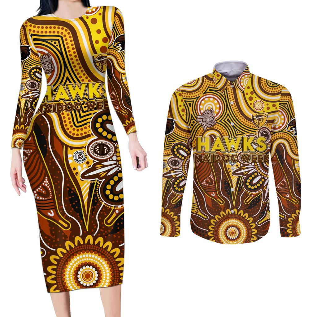 Personalised Hawks NAIDOC Week 2024 Couples Matching Long Sleeve Bodycon Dress and Long Sleeve Button Shirt Aussie Aboriginal Art