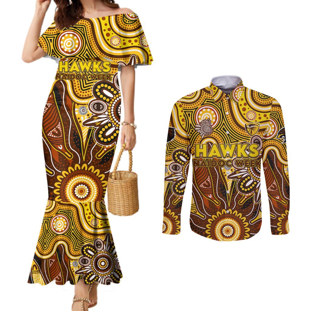Personalised Hawks NAIDOC Week 2024 Couples Matching Mermaid Dress and Long Sleeve Button Shirt Aussie Aboriginal Art