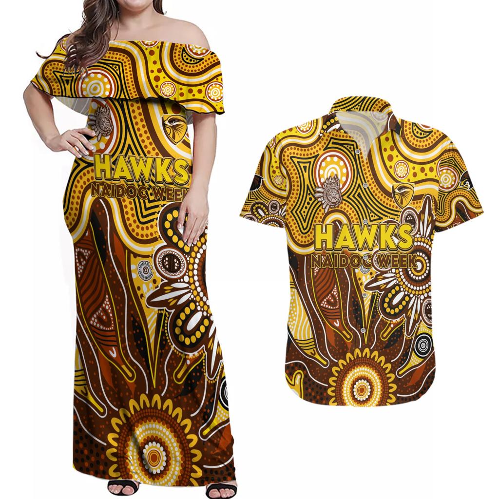Personalised Hawks NAIDOC Week 2024 Couples Matching Off Shoulder Maxi Dress and Hawaiian Shirt Aussie Aboriginal Art