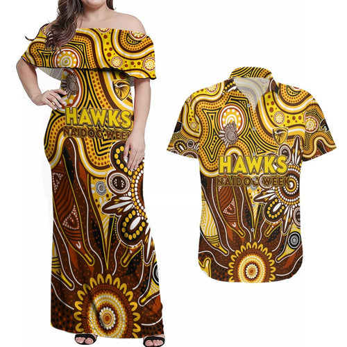 Personalised Hawks NAIDOC Week 2024 Couples Matching Off Shoulder Maxi Dress and Hawaiian Shirt Aussie Aboriginal Art