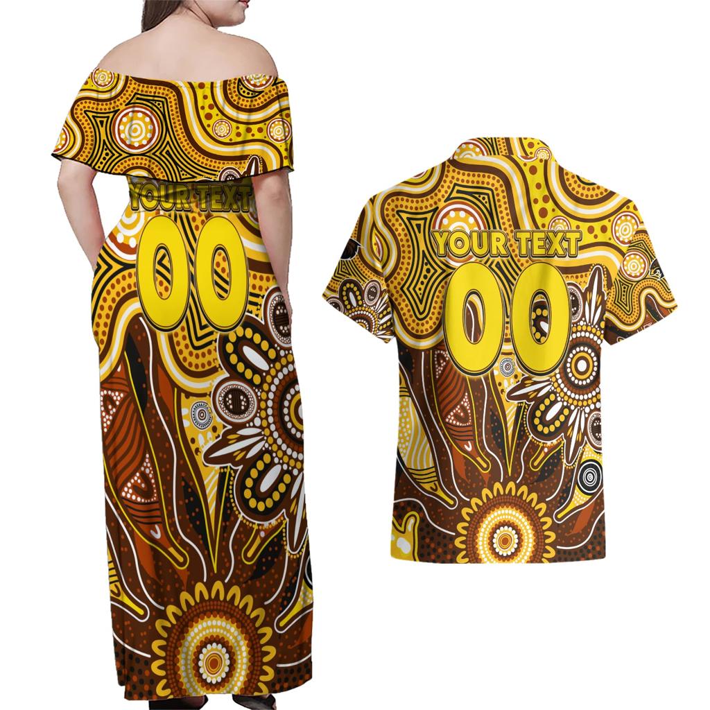 Personalised Hawks NAIDOC Week 2024 Couples Matching Off Shoulder Maxi Dress and Hawaiian Shirt Aussie Aboriginal Art
