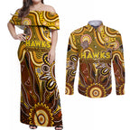 Personalised Hawks NAIDOC Week 2024 Couples Matching Off Shoulder Maxi Dress and Long Sleeve Button Shirt Aussie Aboriginal Art