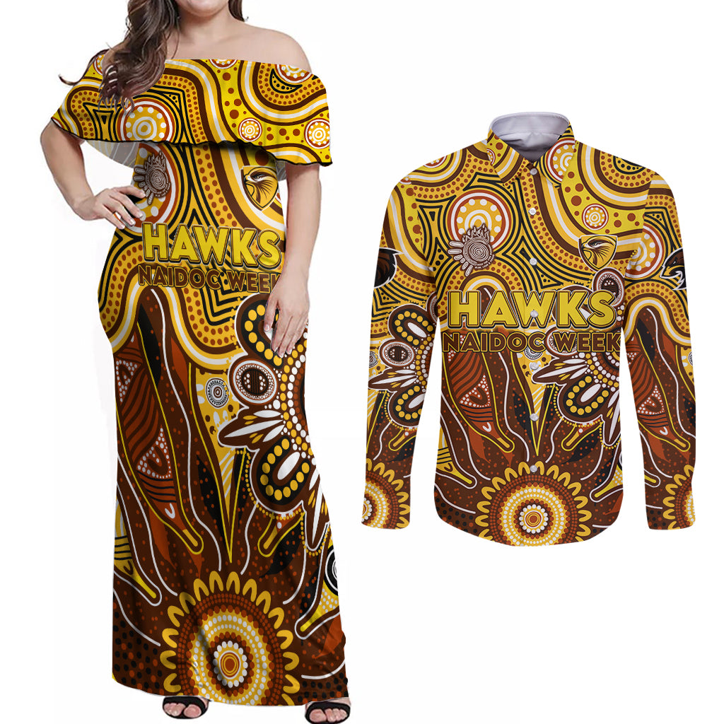 Personalised Hawks NAIDOC Week 2024 Couples Matching Off Shoulder Maxi Dress and Long Sleeve Button Shirt Aussie Aboriginal Art