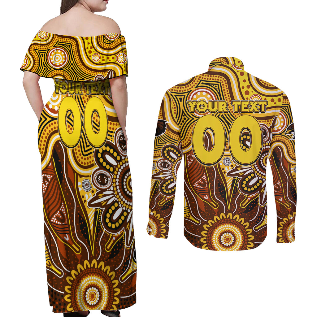 Personalised Hawks NAIDOC Week 2024 Couples Matching Off Shoulder Maxi Dress and Long Sleeve Button Shirt Aussie Aboriginal Art