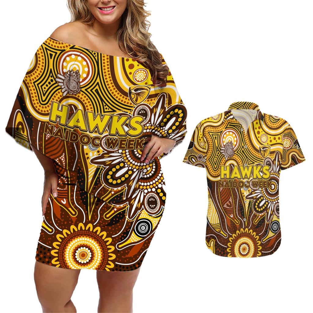 Personalised Hawks NAIDOC Week 2024 Couples Matching Off Shoulder Short Dress and Hawaiian Shirt Aussie Aboriginal Art