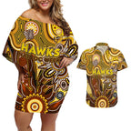Personalised Hawks NAIDOC Week 2024 Couples Matching Off Shoulder Short Dress and Hawaiian Shirt Aussie Aboriginal Art