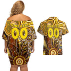 Personalised Hawks NAIDOC Week 2024 Couples Matching Off Shoulder Short Dress and Hawaiian Shirt Aussie Aboriginal Art
