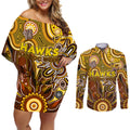 Personalised Hawks NAIDOC Week 2024 Couples Matching Off Shoulder Short Dress and Long Sleeve Button Shirt Aussie Aboriginal Art