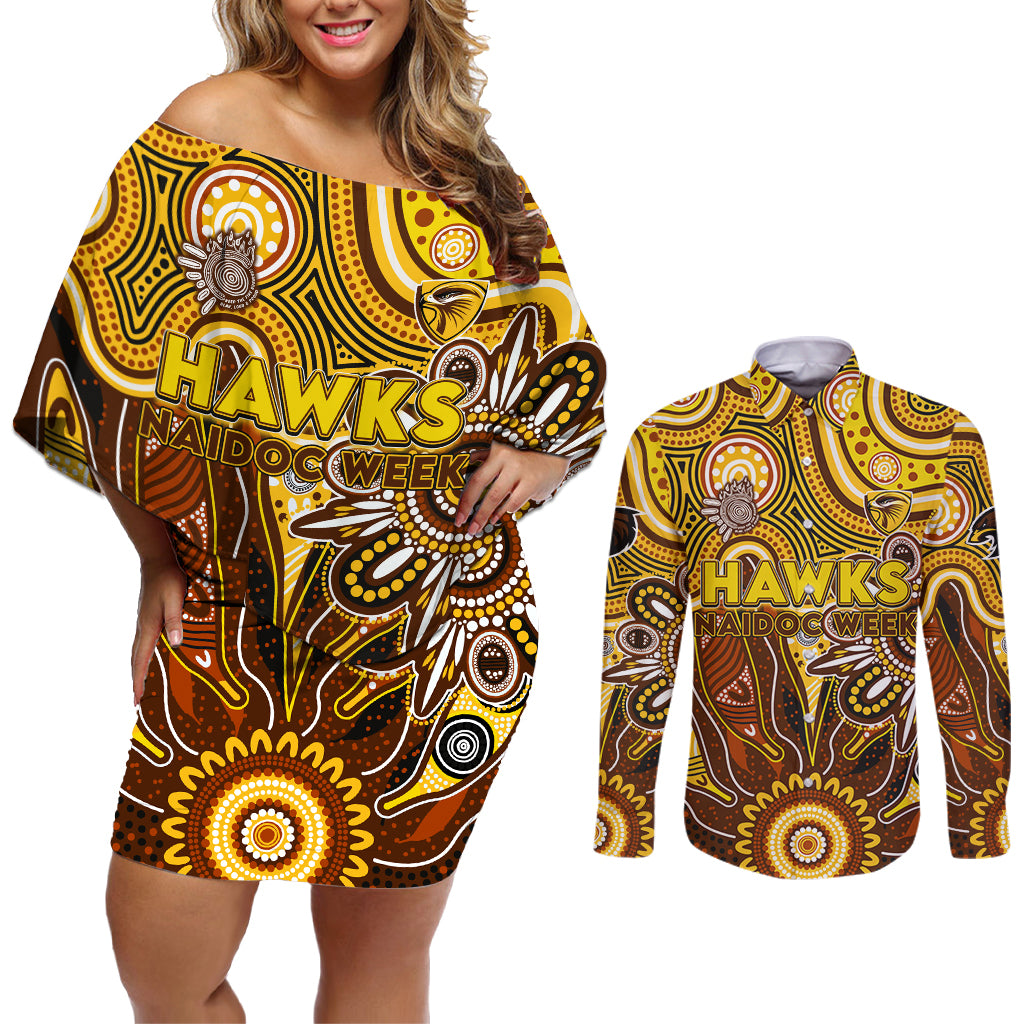 Personalised Hawks NAIDOC Week 2024 Couples Matching Off Shoulder Short Dress and Long Sleeve Button Shirt Aussie Aboriginal Art