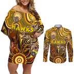Personalised Hawks NAIDOC Week 2024 Couples Matching Off Shoulder Short Dress and Long Sleeve Button Shirt Aussie Aboriginal Art