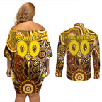 Personalised Hawks NAIDOC Week 2024 Couples Matching Off Shoulder Short Dress and Long Sleeve Button Shirt Aussie Aboriginal Art