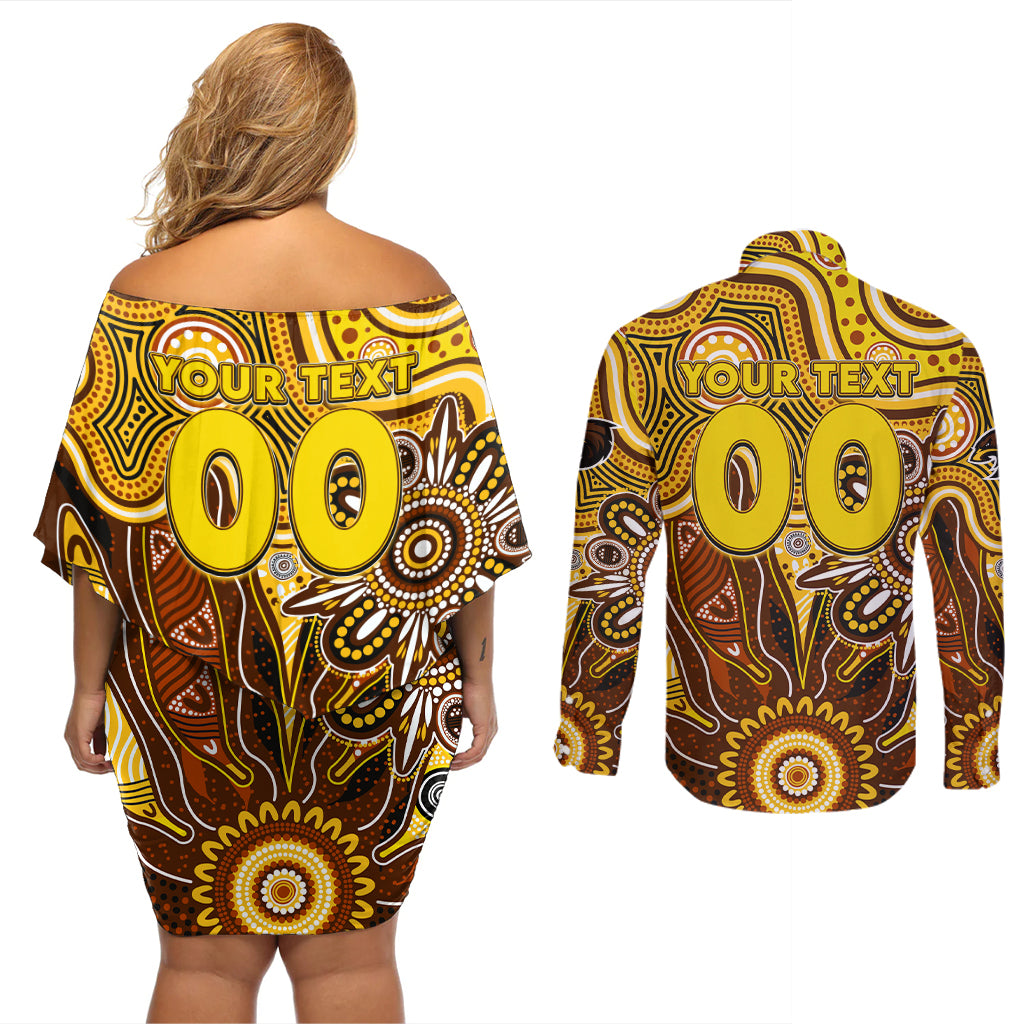 Personalised Hawks NAIDOC Week 2024 Couples Matching Off Shoulder Short Dress and Long Sleeve Button Shirt Aussie Aboriginal Art