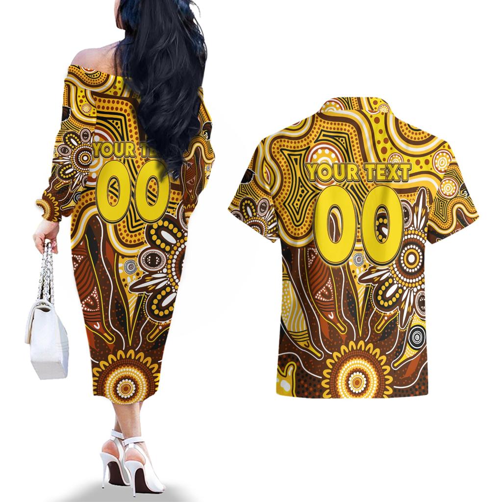 Personalised Hawks NAIDOC Week 2024 Couples Matching Off The Shoulder Long Sleeve Dress and Hawaiian Shirt Aussie Aboriginal Art
