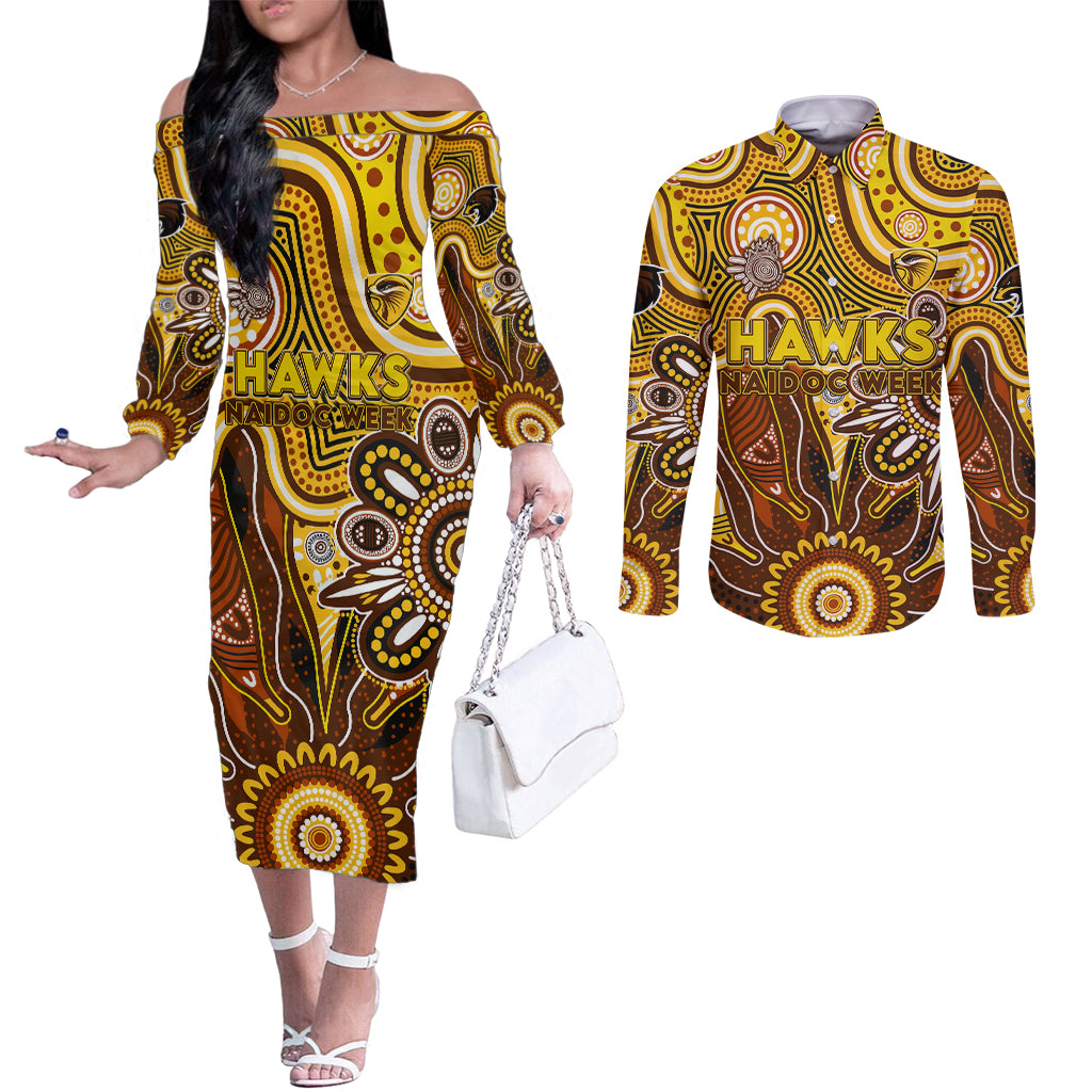 Personalised Hawks NAIDOC Week 2024 Couples Matching Off The Shoulder Long Sleeve Dress and Long Sleeve Button Shirt Aussie Aboriginal Art
