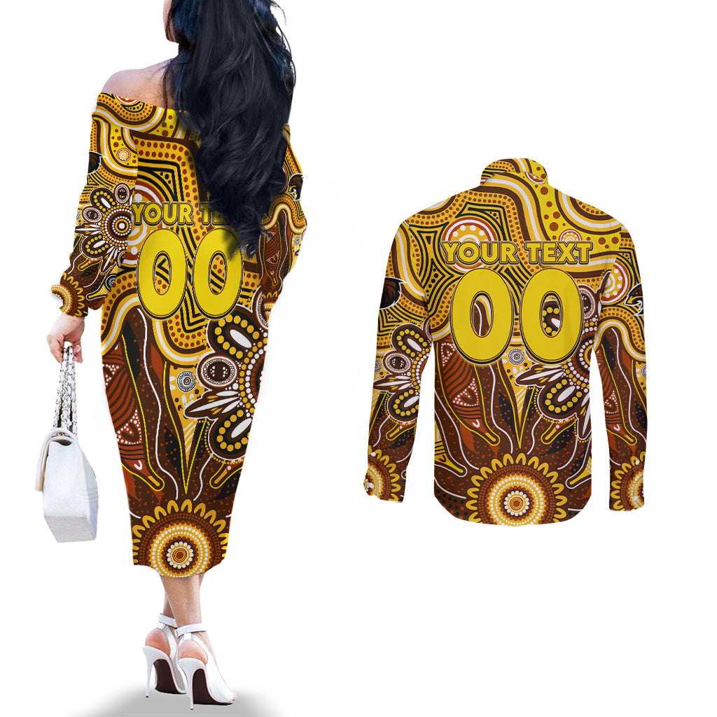 Personalised Hawks NAIDOC Week 2024 Couples Matching Off The Shoulder Long Sleeve Dress and Long Sleeve Button Shirt Aussie Aboriginal Art