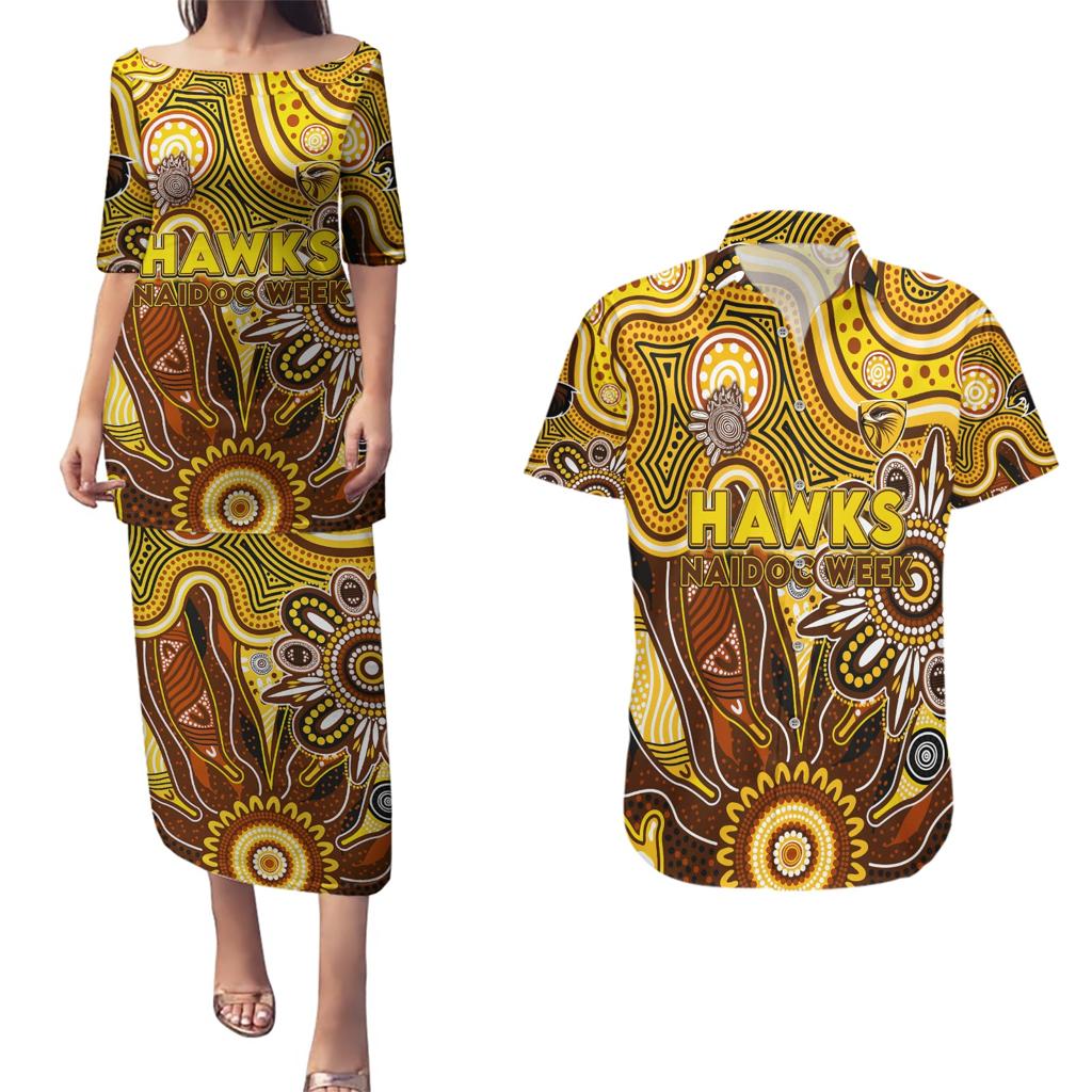 Personalised Hawks NAIDOC Week 2024 Couples Matching Puletasi and Hawaiian Shirt Aussie Aboriginal Art