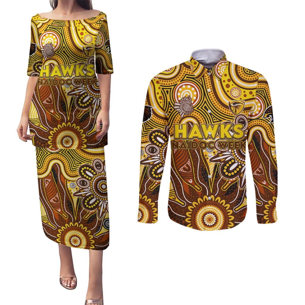 Personalised Hawks NAIDOC Week 2024 Couples Matching Puletasi and Long Sleeve Button Shirt Aussie Aboriginal Art