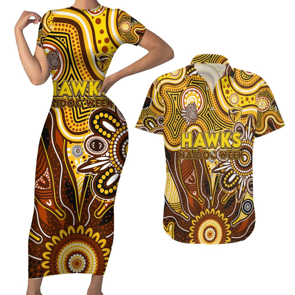 Personalised Hawks NAIDOC Week 2024 Couples Matching Short Sleeve Bodycon Dress and Hawaiian Shirt Aussie Aboriginal Art