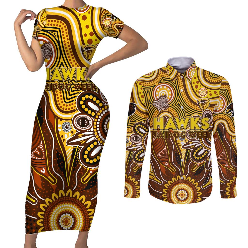 Personalised Hawks NAIDOC Week 2024 Couples Matching Short Sleeve Bodycon Dress and Long Sleeve Button Shirt Aussie Aboriginal Art