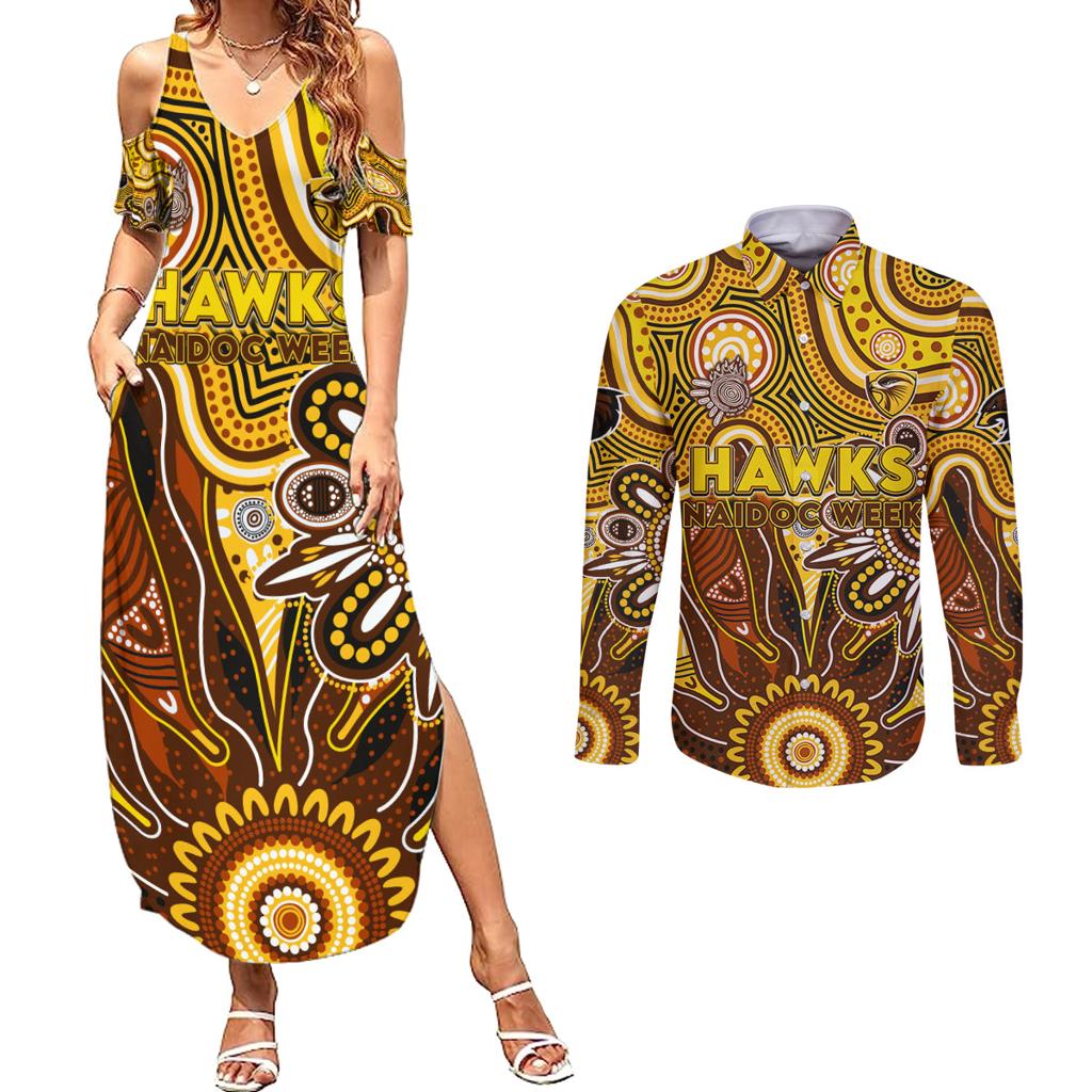 Personalised Hawks NAIDOC Week 2024 Couples Matching Summer Maxi Dress and Long Sleeve Button Shirt Aussie Aboriginal Art