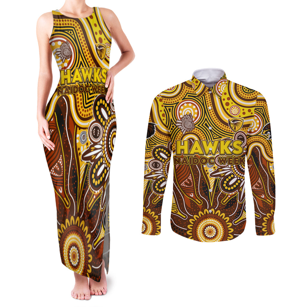 Personalised Hawks NAIDOC Week 2024 Couples Matching Tank Maxi Dress and Long Sleeve Button Shirt Aussie Aboriginal Art