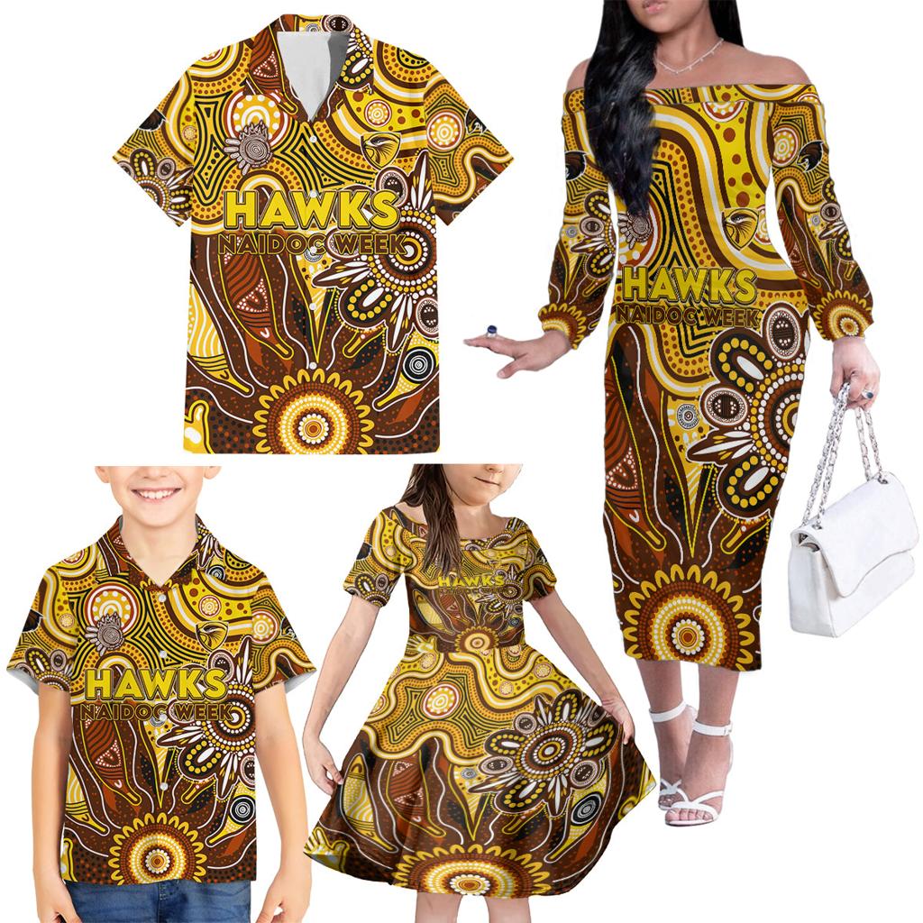 Personalised Hawks NAIDOC Week 2024 Family Matching Off The Shoulder Long Sleeve Dress and Hawaiian Shirt Aussie Aboriginal Art