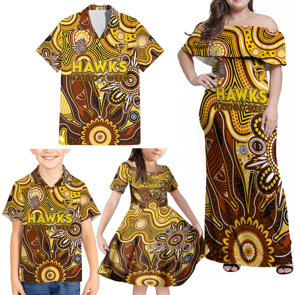 Personalised Hawks NAIDOC Week 2024 Family Matching Off Shoulder Maxi Dress and Hawaiian Shirt Aussie Aboriginal Art