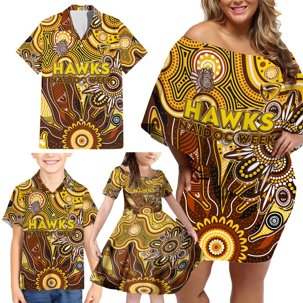 Personalised Hawks NAIDOC Week 2024 Family Matching Off Shoulder Short Dress and Hawaiian Shirt Aussie Aboriginal Art
