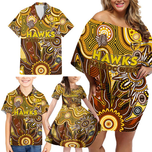 Personalised Hawks NAIDOC Week 2024 Family Matching Off Shoulder Short Dress and Hawaiian Shirt Aussie Aboriginal Art