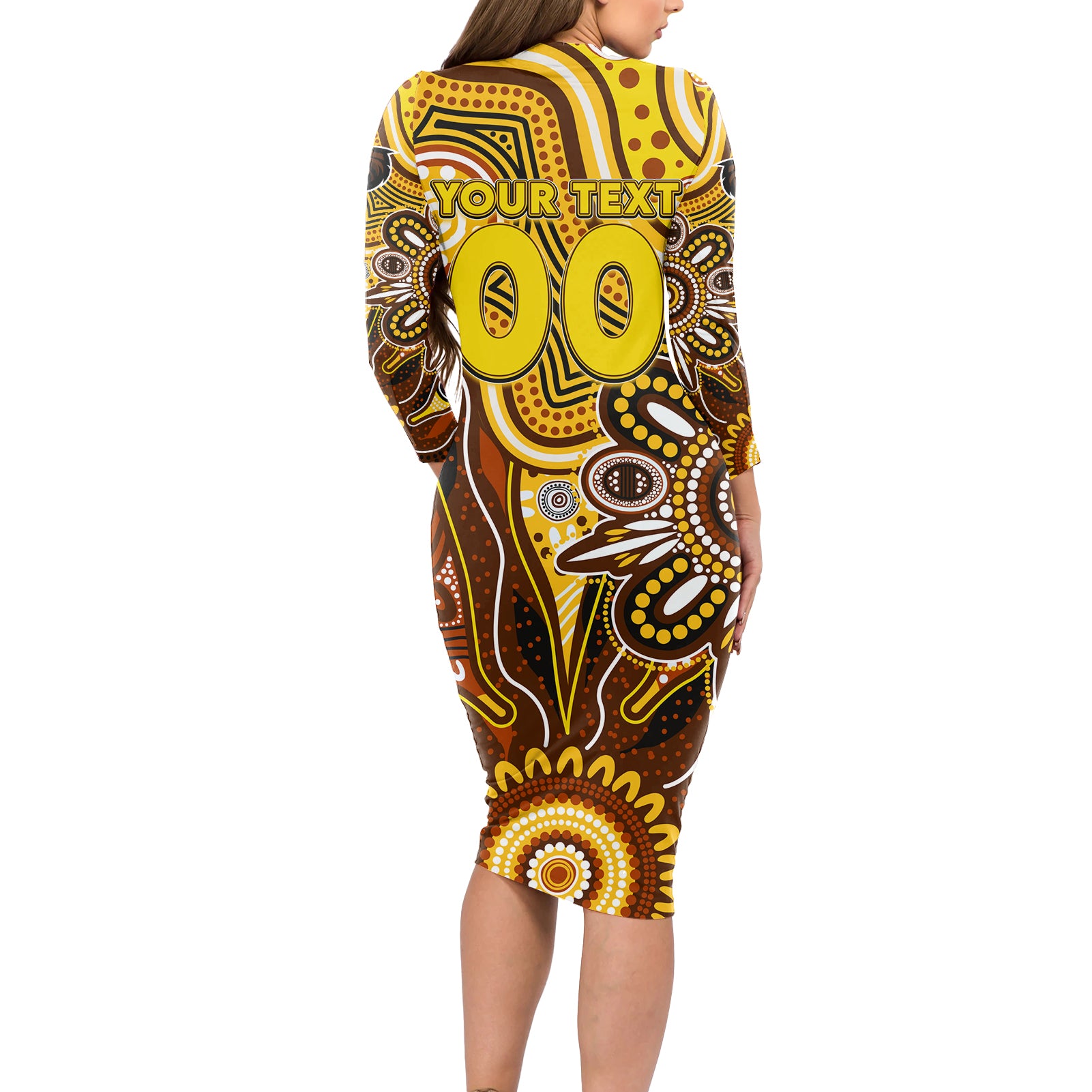 Personalised Hawks NAIDOC Week 2024 Long Sleeve Bodycon Dress Aussie Aboriginal Art