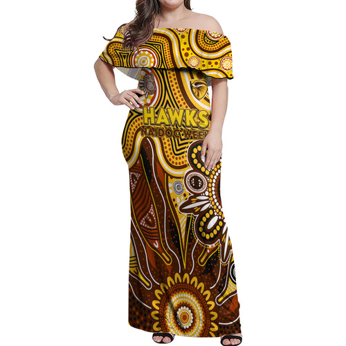 Personalised Hawks NAIDOC Week 2024 Off Shoulder Maxi Dress Aussie Aboriginal Art