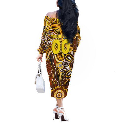 Personalised Hawks NAIDOC Week 2024 Off The Shoulder Long Sleeve Dress Aussie Aboriginal Art