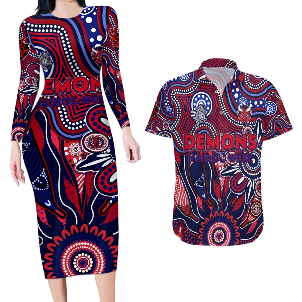 Personalised Demons NAIDOC Week 2024 Couples Matching Long Sleeve Bodycon Dress and Hawaiian Shirt Aussie Aboriginal Art