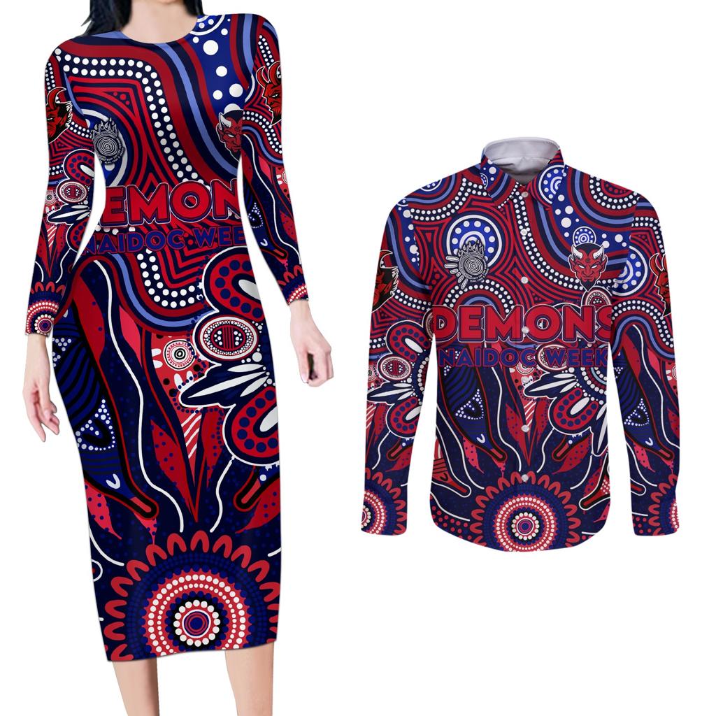 Personalised Demons NAIDOC Week 2024 Couples Matching Long Sleeve Bodycon Dress and Long Sleeve Button Shirt Aussie Aboriginal Art