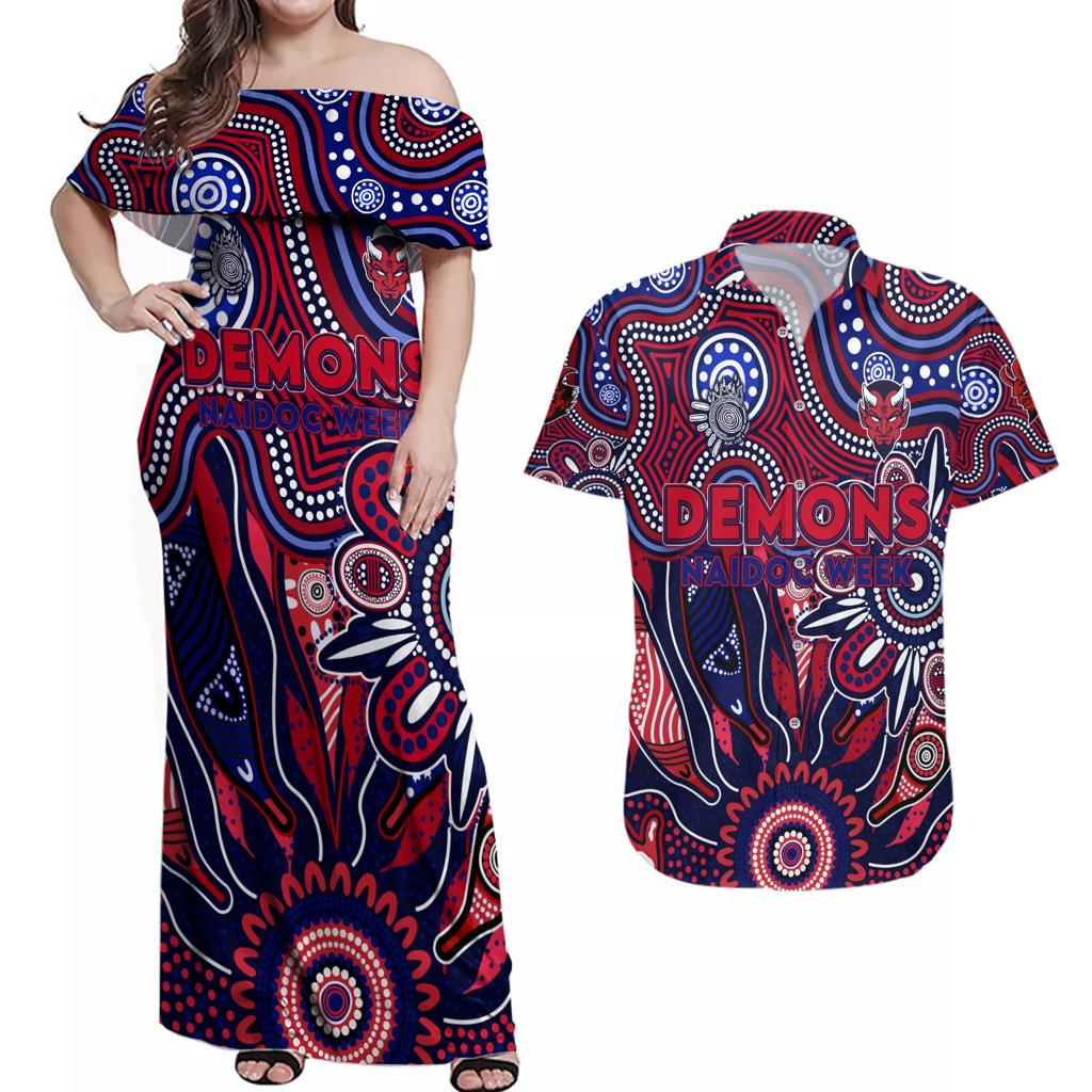 Personalised Demons NAIDOC Week 2024 Couples Matching Off Shoulder Maxi Dress and Hawaiian Shirt Aussie Aboriginal Art