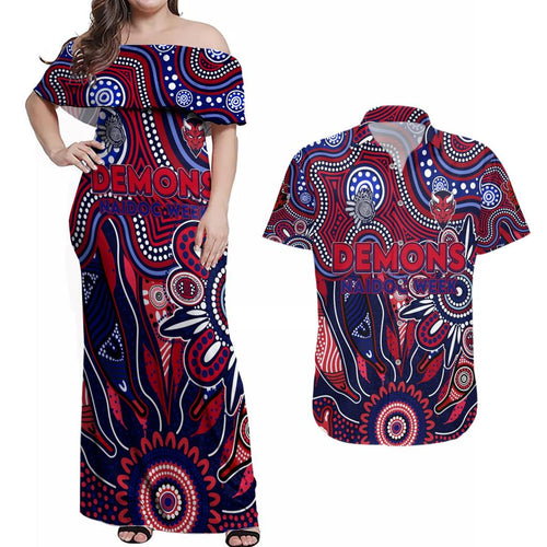 Personalised Demons NAIDOC Week 2024 Couples Matching Off Shoulder Maxi Dress and Hawaiian Shirt Aussie Aboriginal Art