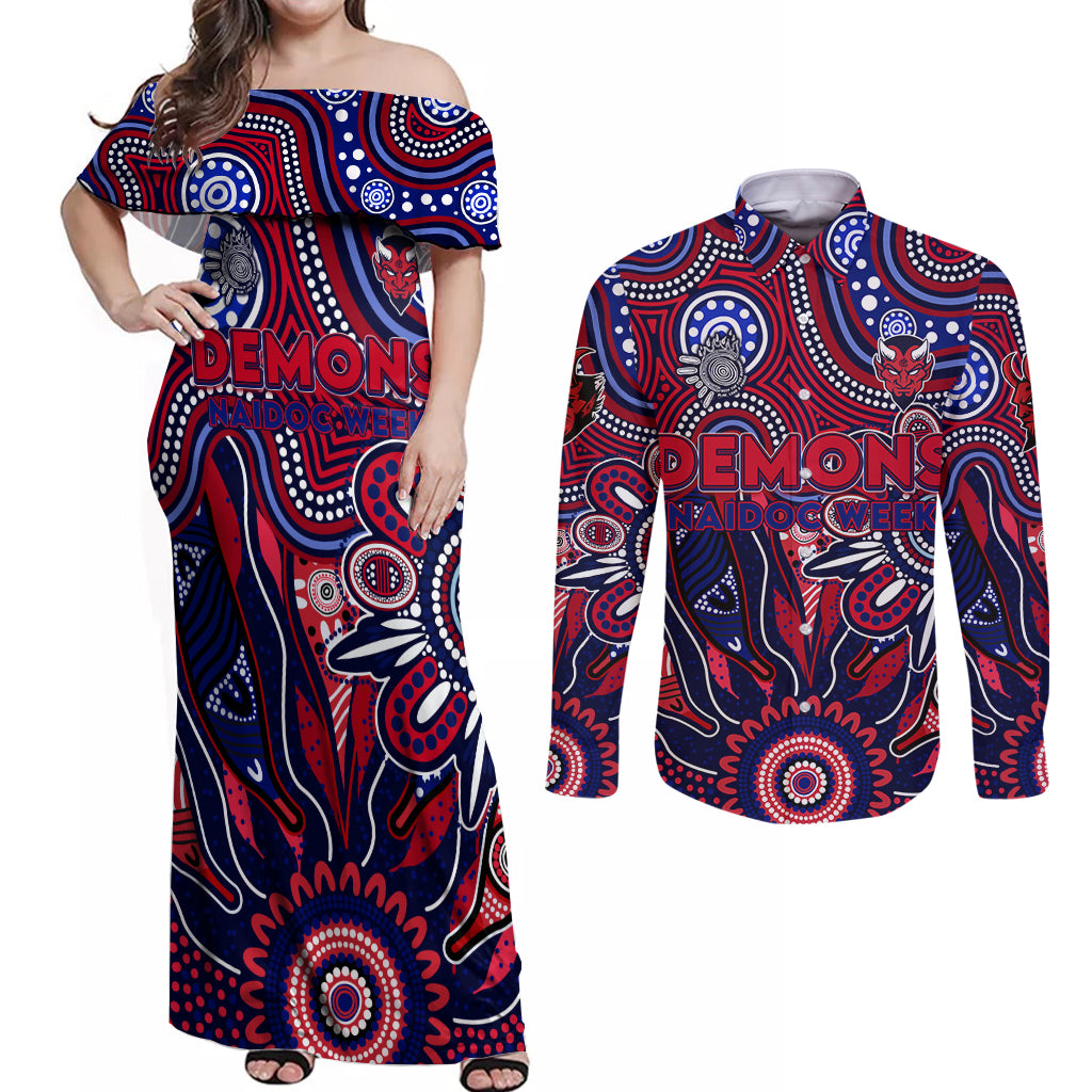 Personalised Demons NAIDOC Week 2024 Couples Matching Off Shoulder Maxi Dress and Long Sleeve Button Shirt Aussie Aboriginal Art