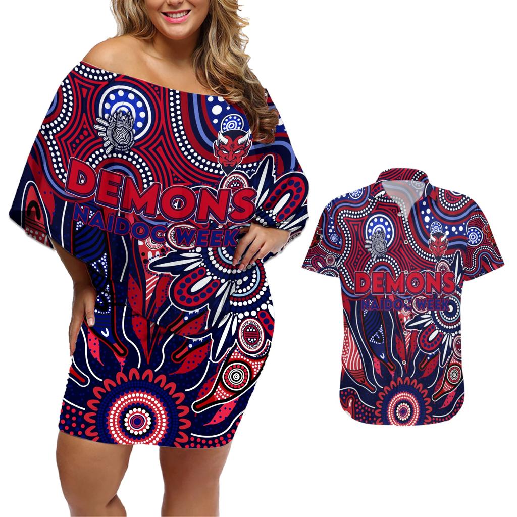 Personalised Demons NAIDOC Week 2024 Couples Matching Off Shoulder Short Dress and Hawaiian Shirt Aussie Aboriginal Art
