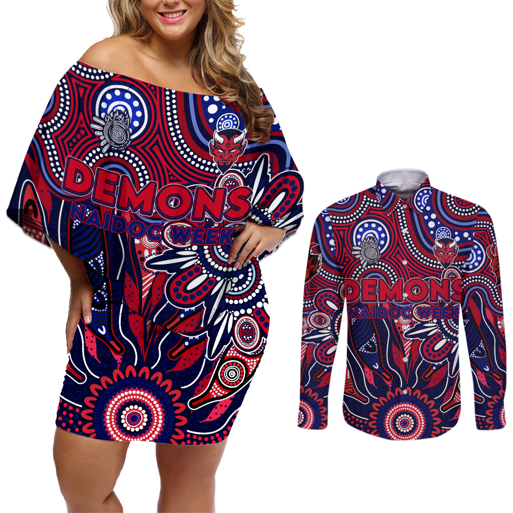 Personalised Demons NAIDOC Week 2024 Couples Matching Off Shoulder Short Dress and Long Sleeve Button Shirt Aussie Aboriginal Art