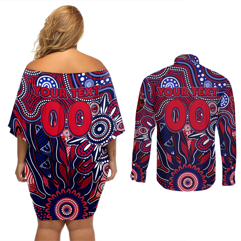 Personalised Demons NAIDOC Week 2024 Couples Matching Off Shoulder Short Dress and Long Sleeve Button Shirt Aussie Aboriginal Art