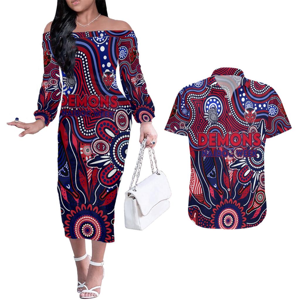 Personalised Demons NAIDOC Week 2024 Couples Matching Off The Shoulder Long Sleeve Dress and Hawaiian Shirt Aussie Aboriginal Art