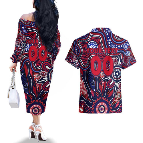 Personalised Demons NAIDOC Week 2024 Couples Matching Off The Shoulder Long Sleeve Dress and Hawaiian Shirt Aussie Aboriginal Art