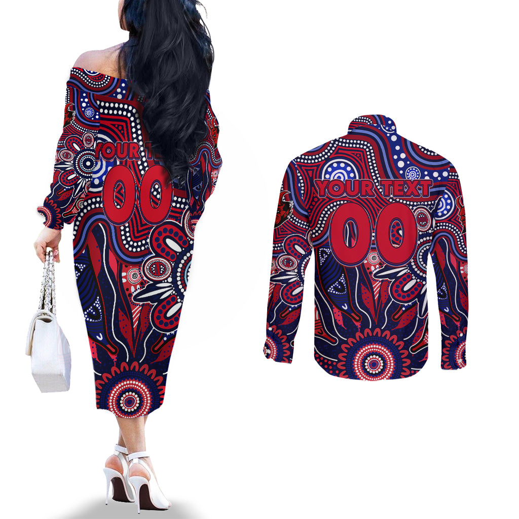 Personalised Demons NAIDOC Week 2024 Couples Matching Off The Shoulder Long Sleeve Dress and Long Sleeve Button Shirt Aussie Aboriginal Art