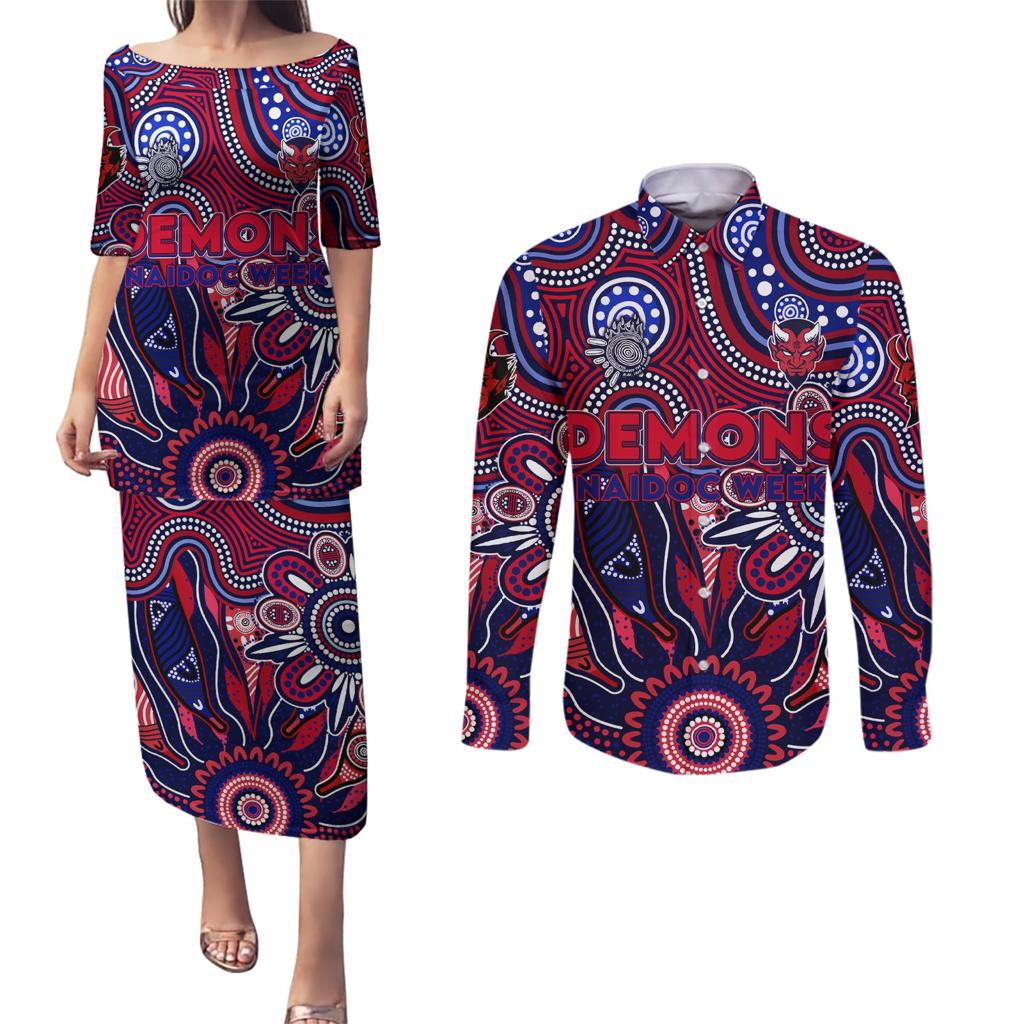 Personalised Demons NAIDOC Week 2024 Couples Matching Puletasi and Long Sleeve Button Shirt Aussie Aboriginal Art