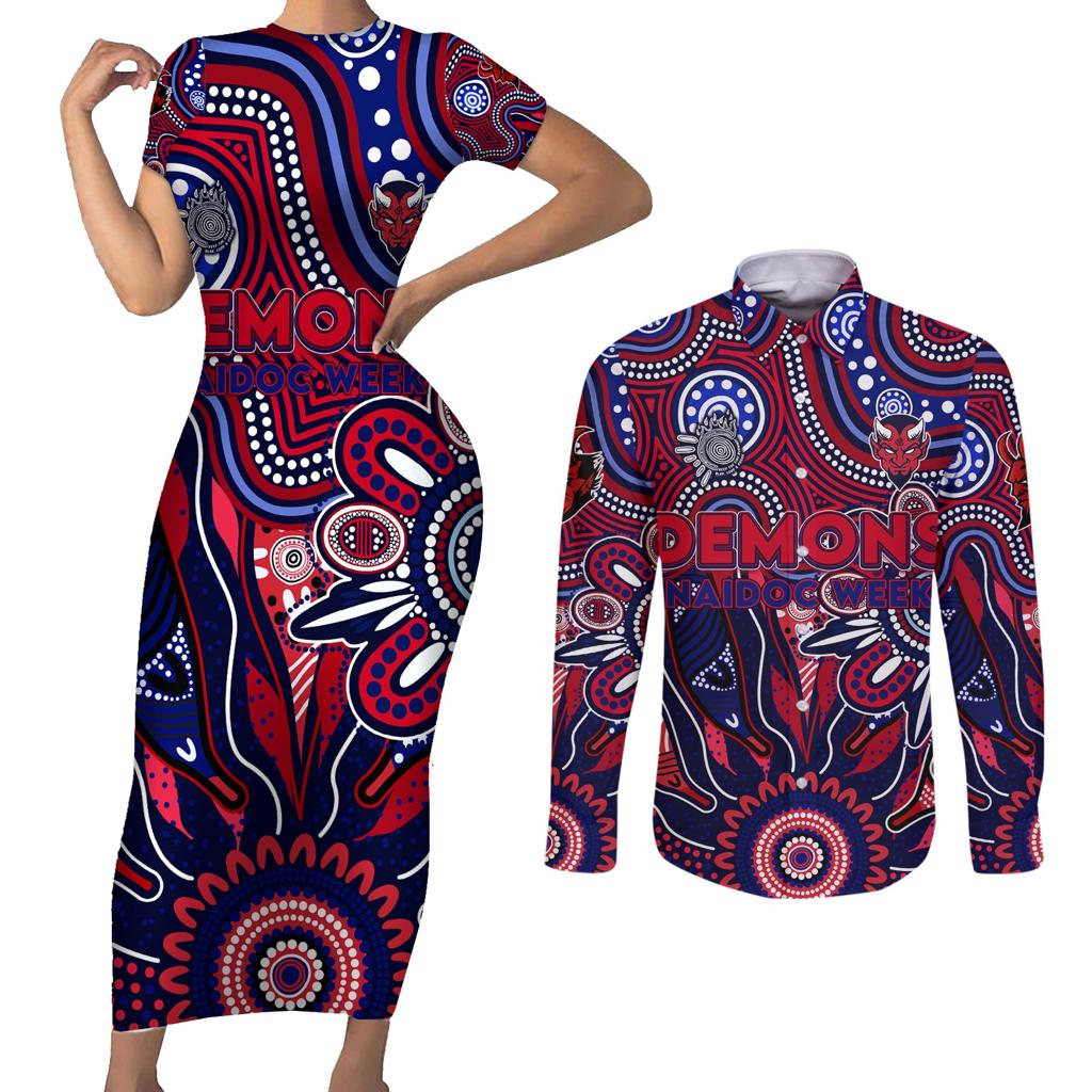 Personalised Demons NAIDOC Week 2024 Couples Matching Short Sleeve Bodycon Dress and Long Sleeve Button Shirt Aussie Aboriginal Art