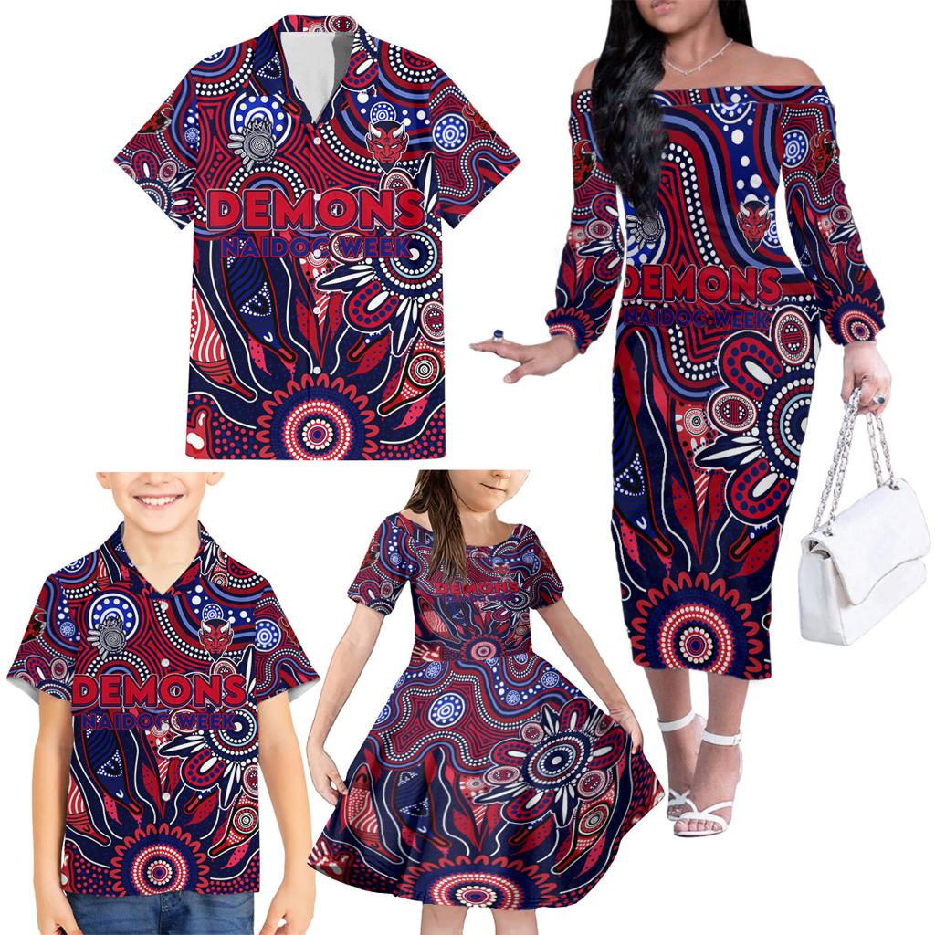 Personalised Demons NAIDOC Week 2024 Family Matching Off The Shoulder Long Sleeve Dress and Hawaiian Shirt Aussie Aboriginal Art