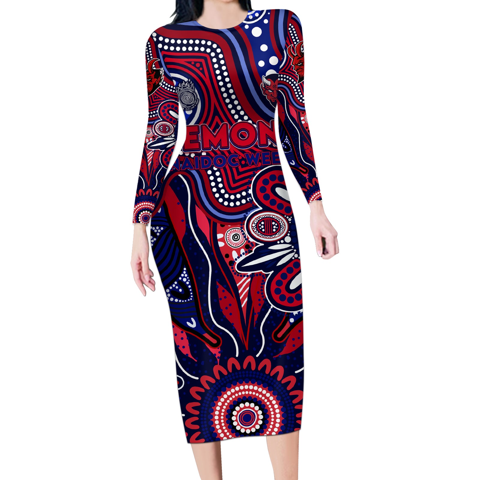 Personalised Demons NAIDOC Week 2024 Long Sleeve Bodycon Dress Aussie Aboriginal Art