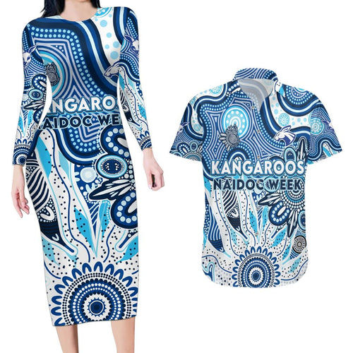 Personalised Kangaroos NAIDOC Week 2024 Couples Matching Long Sleeve Bodycon Dress and Hawaiian Shirt Aussie Aboriginal Art