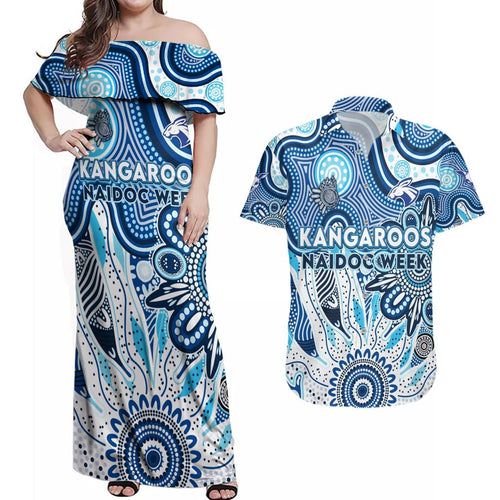 Personalised Kangaroos NAIDOC Week 2024 Couples Matching Off Shoulder Maxi Dress and Hawaiian Shirt Aussie Aboriginal Art